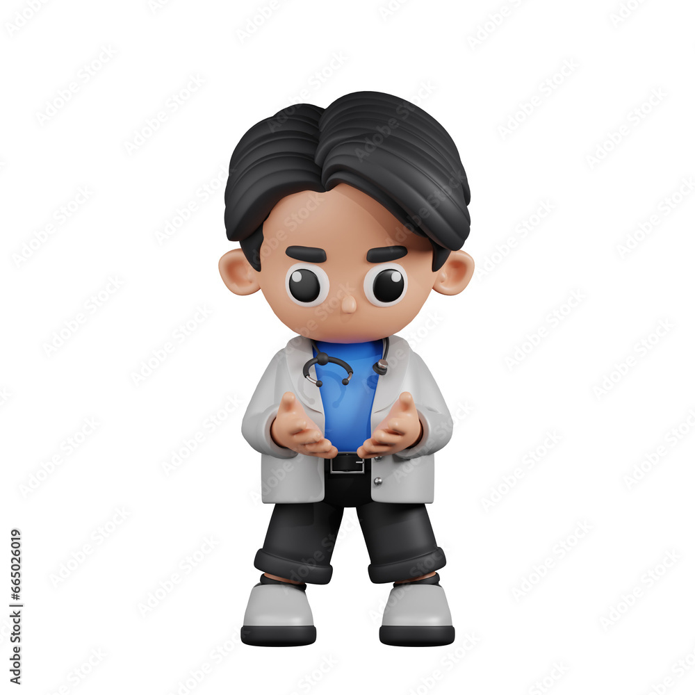 3d Character Doctor Holding Something Pose. 3d render isolated on transparent backdrop.