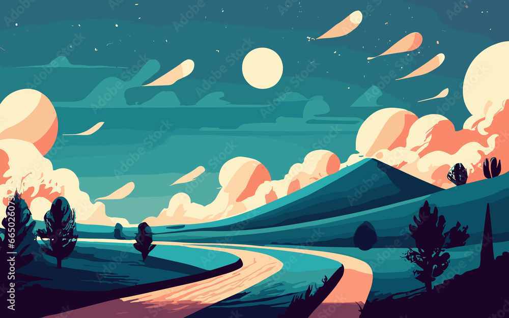 Night landscape with road and moon. surreal panorama view, horizon, Vector illustration in flat style, generative ai