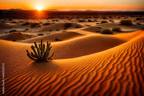 A Photograph of a sprawling desert landscape at dawn. Vast stretches of sand dunes meet a vibrant orange sky, with a solitary cactus standing tall.