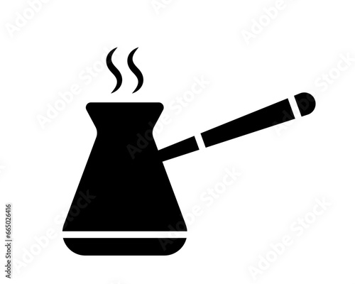 Coffee cezve icon. Black turk for preparing hot strong aromatic espresso and mocha made of copper and metal with long vector handle