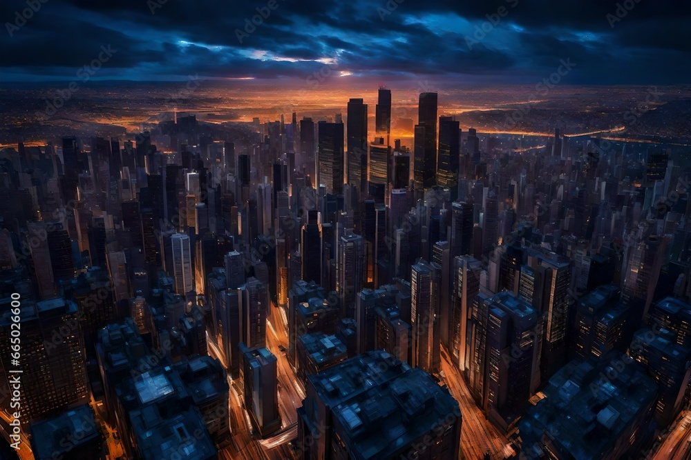 A meticulously composed cityscape at dusk, with skyscrapers bathed in the warm glow of city lights against a deep indigo sky.