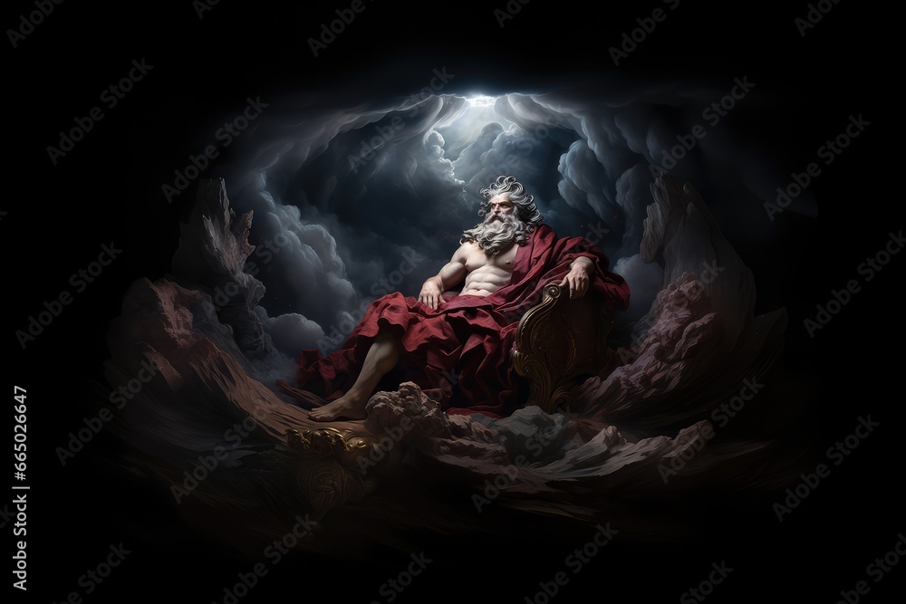 Mythological god sitting on the throne in the dark stormy sky. Stock ...