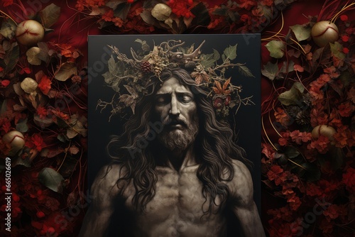 Representation of a pagan god with crown of plants, thorns and flowers on a dark background