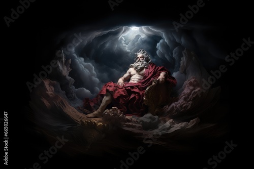 Mythological god sitting on the throne in the dark stormy sky. photo