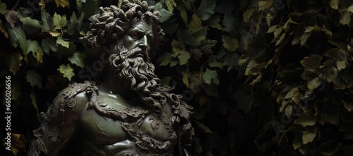 Statue of mythologic god with a crown in the forest on a black background