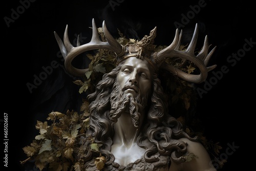 Statue of pagan god with deer antlers crown and golden details on a black background photo