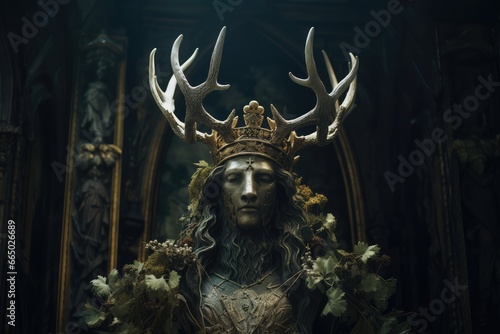 Statue of pagan god with deer antlers crown and golden details.