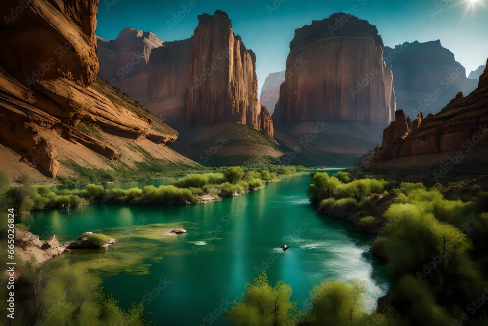 A serene, emerald-green river winding through a vast, unspoiled canyon, with an occasional glimpse of soaring birds and rocky outcroppings.