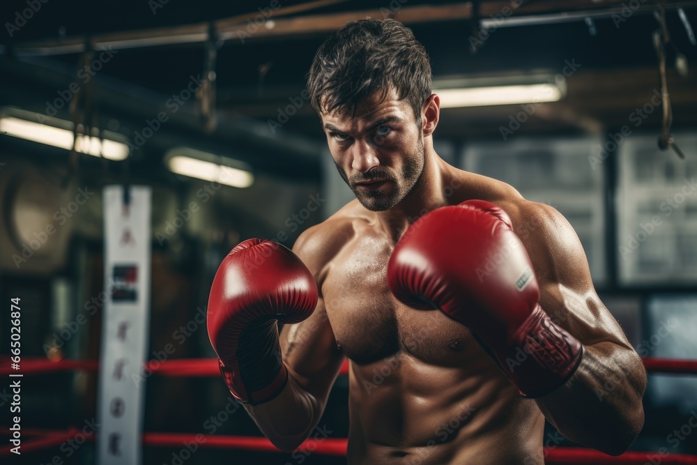 Boxer practicing punches in a boxing gym. - obrazy, fototapety, plakaty 