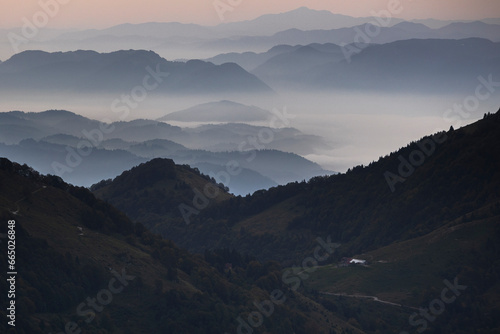 Morning in Julain Pre Alps with well visible a Dairy Farm - Viev from ascend to mount Krn - Slovenia