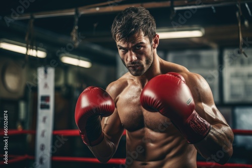 Boxer practicing punches in a boxing gym. photo