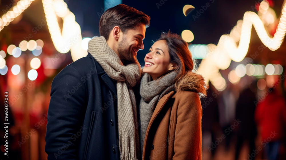 winter holidays and people concept - happy young couple dating at christmas tree in evening. Ai generated