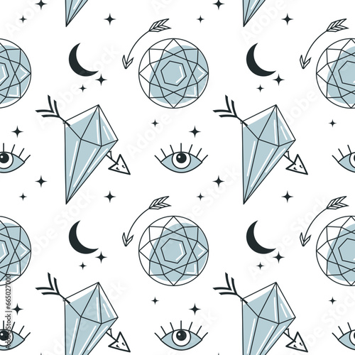 Magic seamless pattern, minerals, crystals, eye, gems, moths, butterflies, moon, stars. Magic fairy tale background. Vector
