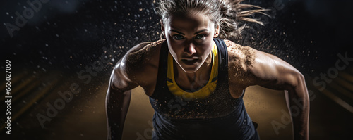 Female athlete or sprinter run in fron of camera. black background photo