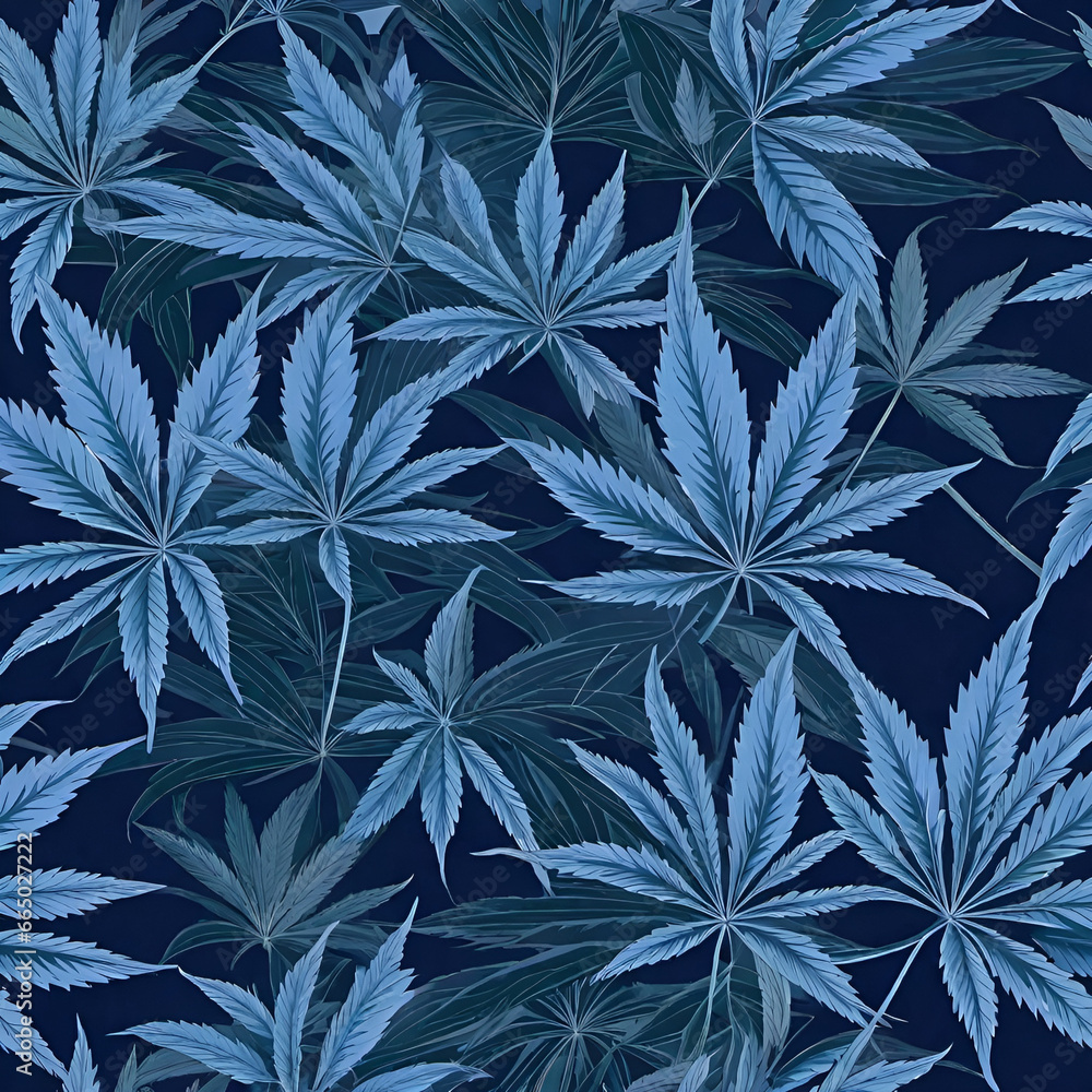 Blue cannabis leaves on black shaded background Blue cannabis leaves on black shaded background