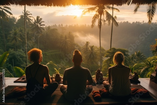 group of people meditating in the Bali island. Back view of young people group practicing yoga with instructor. Stretching class at summer retreat camp to keep fit and health. Woman fitness.  photo