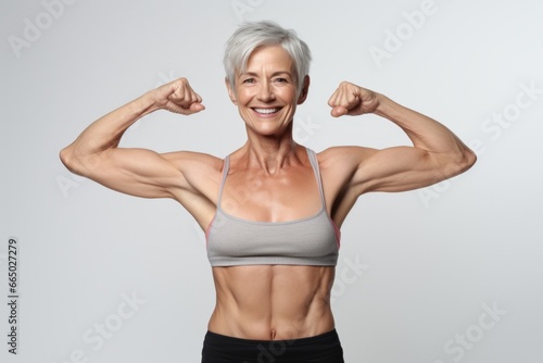 Middle age hispanic woman standing over grey grunge wall showing arms muscles smiling proud. Happy age . Sport and forever yang. Fitness concept.