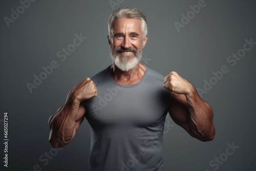 Middle aged grey haired man with standing with arms showing muscles happy smiling on camera wearing grey t-shirt isolated on grey background. Mature fit man, healthy lifestyle concept. Copy space 