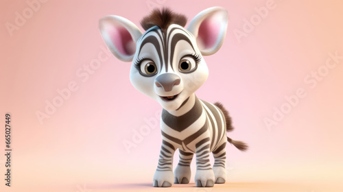 Realistic 3d render of a happy   furry and cute baby Zebra smiling with big eyes looking strainght
