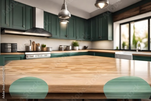 Wooden table top on blur kitchen room background, Modern contemporary green kitchen room interior.