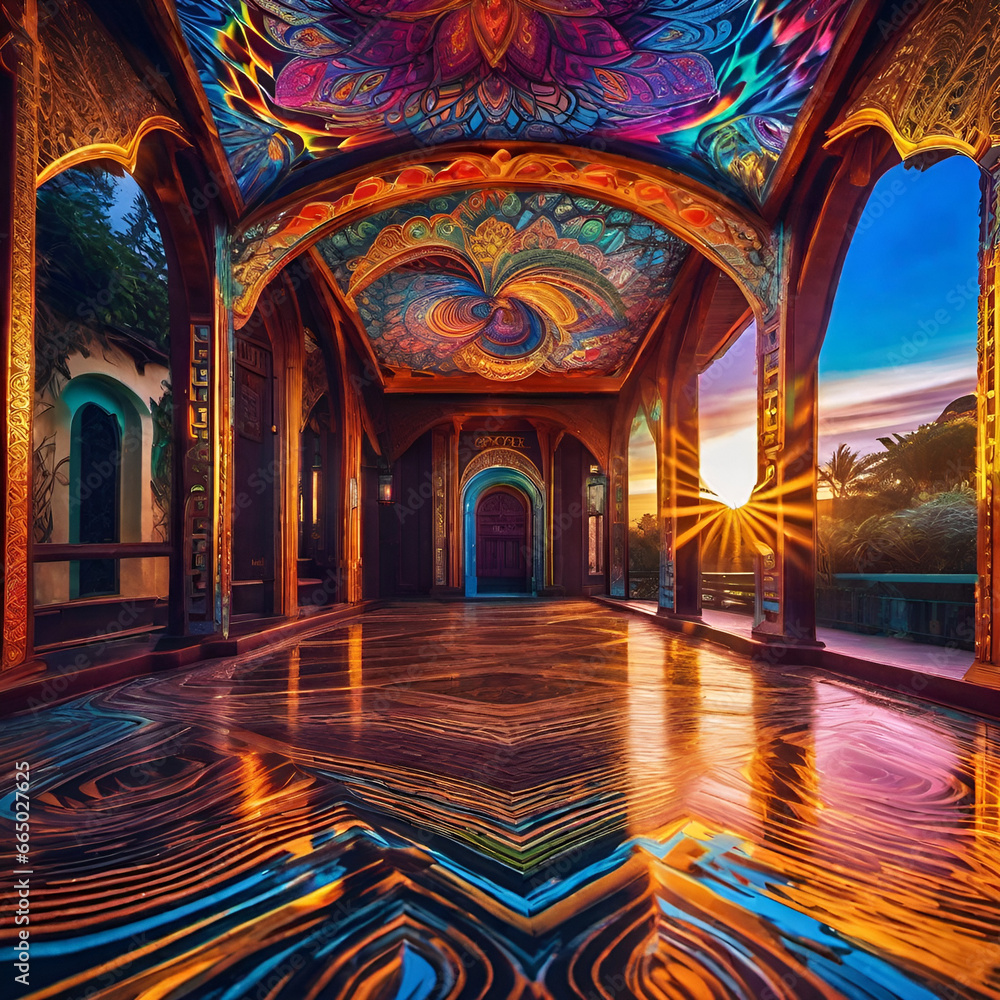 Obraz premium Psychedelic palace on hill side with Japanese style rising sun displaying rays on rainbow splash style colored walls and cieling