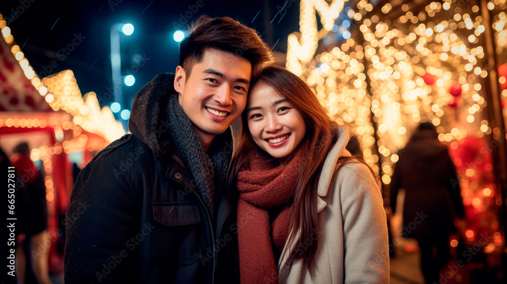 Asian lover celebrate and enjoy together for Chirstmas and happy new year festival at home romance concept. Ai generated
