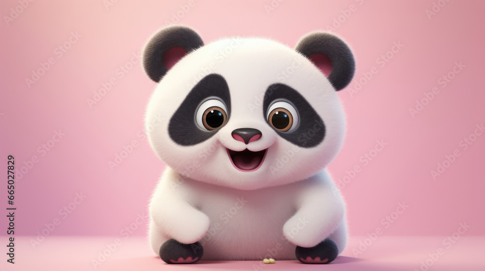 Realistic 3d render of a happy, furry and cute baby Panda smiling with big eyes looking strainght Realistic 3d render of a happy, furry and cute baby Panda smiling with big eyes looking strainght