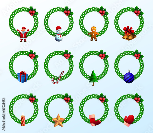 Christmas wreath frames Santa Claus, jingle bells, snowman gift and Decorative Christmas Ornaments