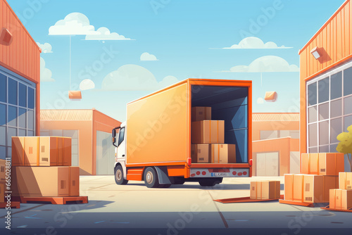 Delivery truck in warehouse illustration