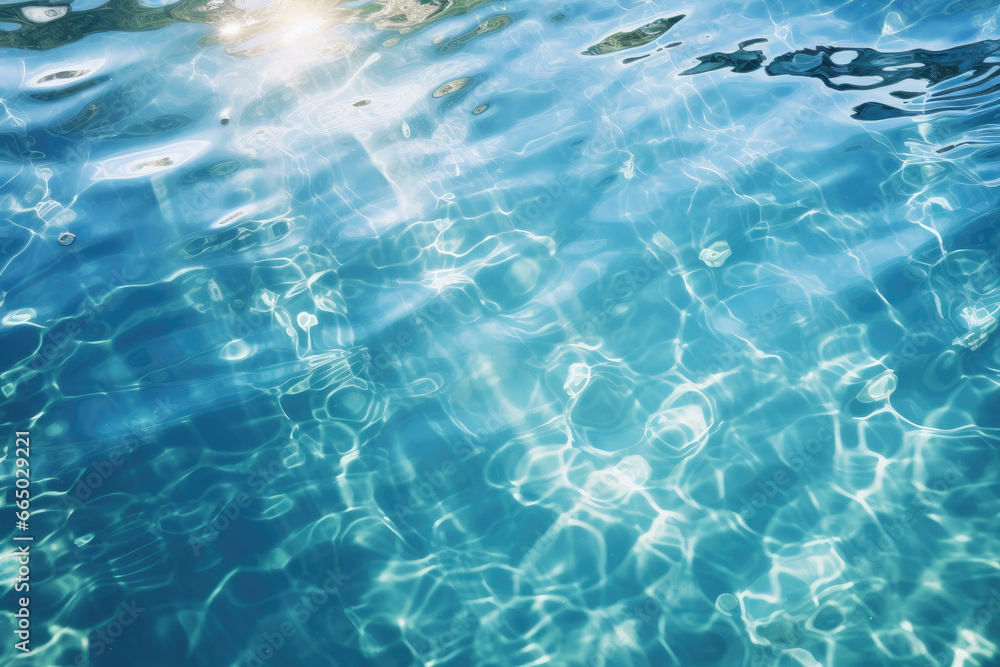 blue water surface with sun reflections from above