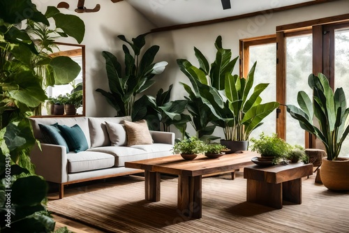  a nature-inspired living room with natural wood accents, indoor plants