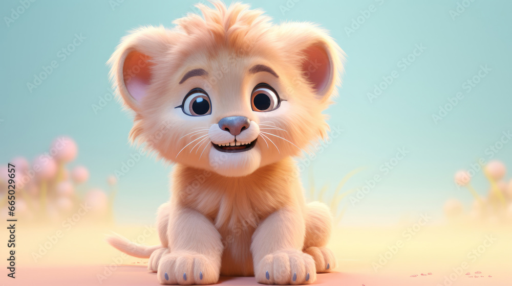 Realistic 3d render of a happy, furry and cute baby Lion smiling with big eyes looking strainght Realistic 3d render of a happy, furry and cute baby Lion smiling with big eyes looking strainght