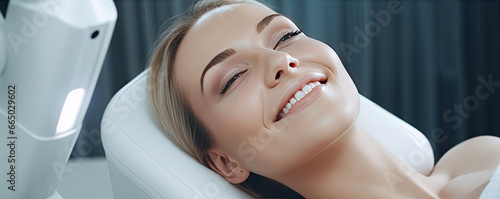 woman taking radiolifting procedure in beauty salon, relaxed young woman having radiolifting on her face. photo