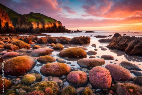 A secluded, rocky beach with unique rock formations and tide pools teeming with marine life under a vivid, pastel sunset sky.