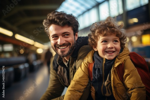 Happy father and son travelling together and waiting for the train