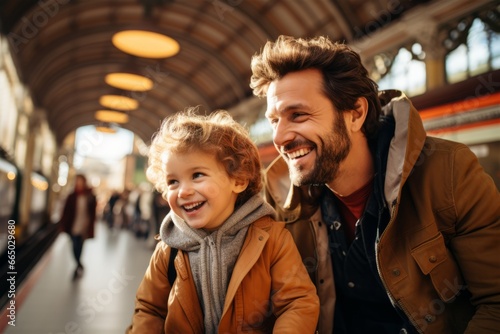 Happy father and son travelling together and waiting for the train