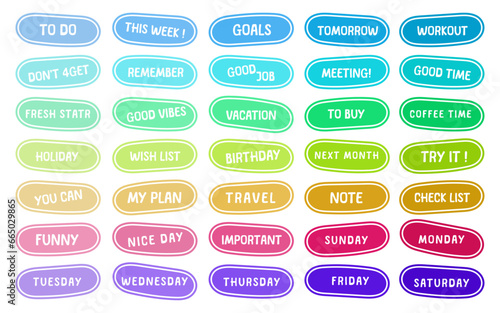 Planner stickers. Organizer tags. Printable planner stickers. Planners and weekly days label, memo schedule sticker tag. Bullet journal stickers, planner, scrapbook stickers design.