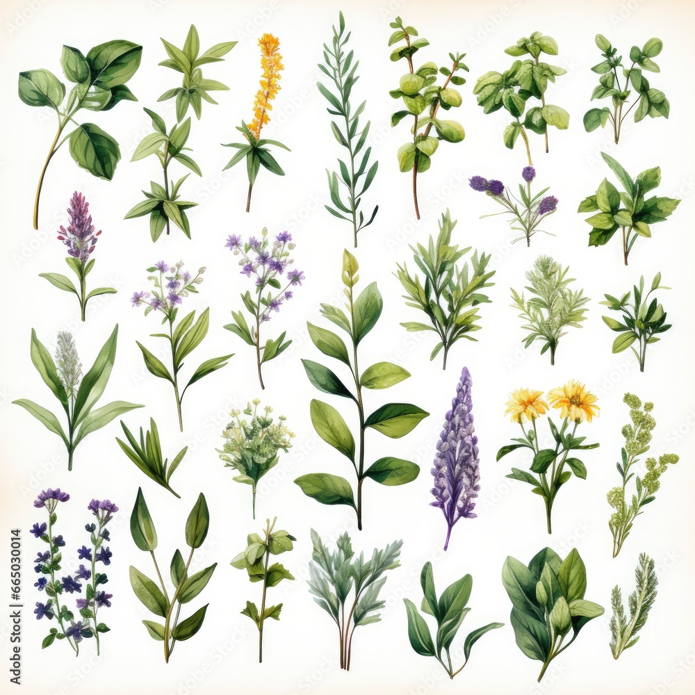 Collection of watercolor herbs clipart on white background.