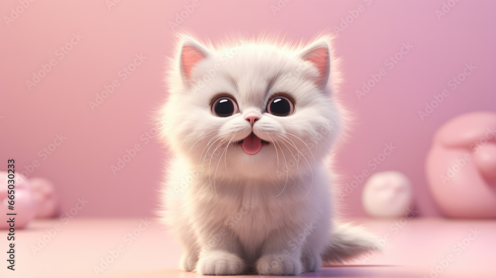 Realistic 3d render of a happy, furry and cute baby Cat smiling with big eyes looking strainght Realistic 3d render of a happy, furry and cute baby Cat smiling with big eyes looking strainght