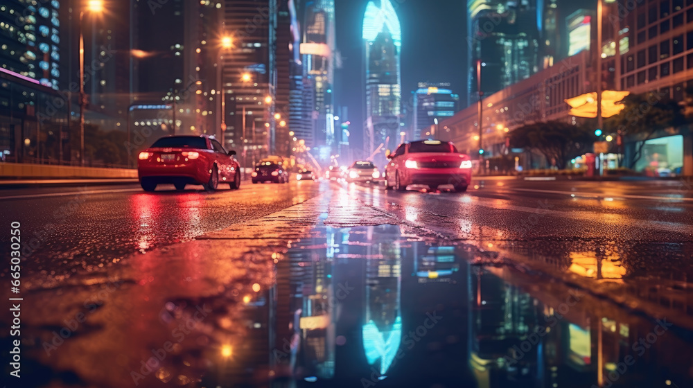 Fototapeta premium A city road at the heart of a bustling metropolis during the night