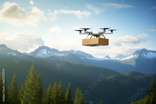 A drone delivers food, drinks or medicine in a cardboard box while flying over the mountains.