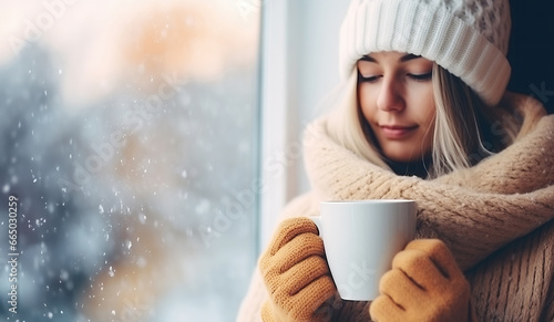 Woman drinking a cup of coffee a winter morning. Beautiful girl drinks a hot drink. Copy space for text