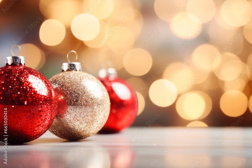 Glittery golden and red Christmas balls on en empty table with shimmering blurred lights at background for greeting card Glittery golden and red Christmas balls on en empty table with shimmering blurred lights at background for greeting card