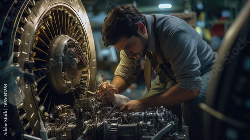 An aircraft technician meticulously repairs a turbine