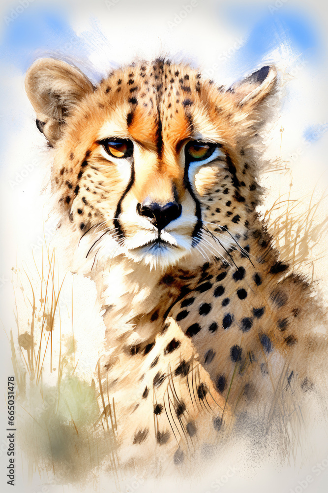 sketch of a Cheetah with watercolor hand drawn style sketch of a Cheetah with watercolor hand drawn style