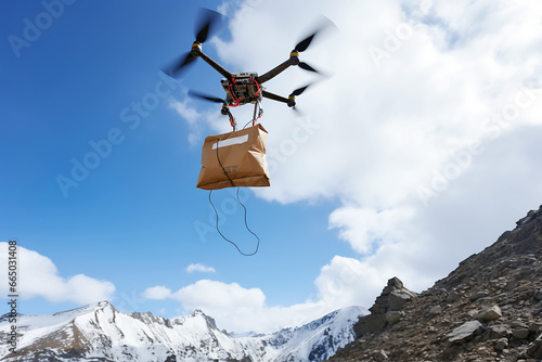 A drone delivers an order or first aid in a package flying through the snowy mountain peaks in sunny weather