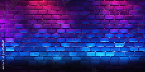 Neon brilliance. Abstract light patterns on dark old brick wall. Urban radiance. Bright lights on vintage brickwork. Glow in night. Contemporary design