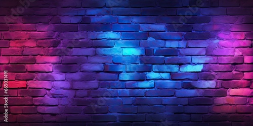 Neon brilliance. Abstract light patterns on dark old brick wall. Urban radiance. Bright lights on vintage brickwork. Glow in night. Contemporary design