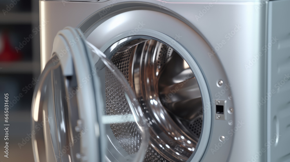 Close-up of a modern washing machine loaded with a pile of fresh laundry Close-up of a modern washing machine loaded with a pile of fresh laundry