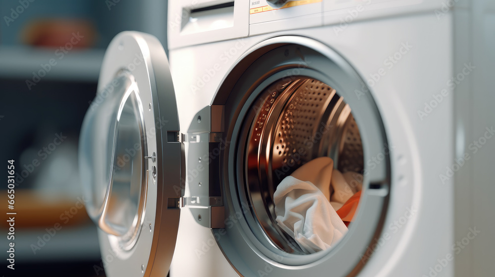 Close-up of a modern washing machine loaded with a pile of fresh laundry Close-up of a modern washing machine loaded with a pile of fresh laundry
